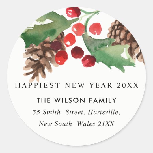 RED GREEN HOLLY BERRY PINE CONE NIEUW JAARADRES RONDE STICKER (Voorkant)