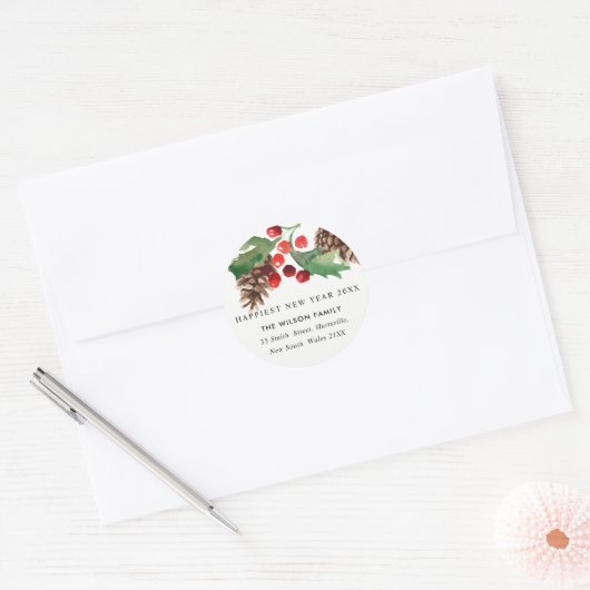 RED GREEN HOLLY BERRY PINE CONE NIEUW JAARADRES RONDE STICKER (Envelop)