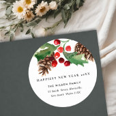 RED GREEN HOLLY BERRY PINE CONE NIEUW JAARADRES RONDE STICKER