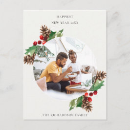 RED GREEN HOLLY BERRY PINE CONE NIEUWJAARSFOTO BRIEFKAART