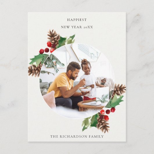 RED GREEN HOLLY BERRY PINE CONE NIEUWJAARSFOTO BRIEFKAART (Voorkant)