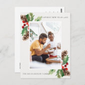 RED GREEN HOLLY BERRY PINE CONE NIEUWJAARSFOTO BRIEFKAART (Voorkant / Achterkant)