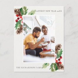 RED GREEN HOLLY BERRY PINE CONE NIEUWJAARSFOTO BRIEFKAART