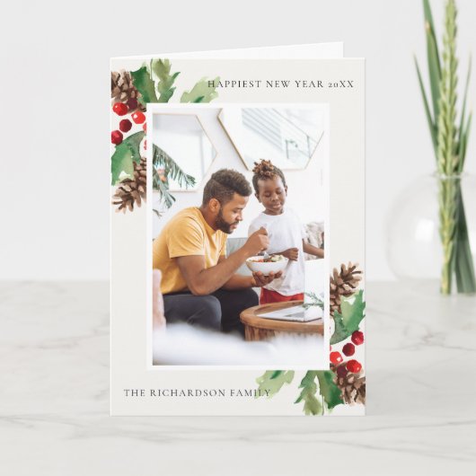 RED GREEN HOLLY BERRY PINE CONE NIEUWJAARSFOTO KAART (Voorkant)