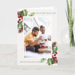 RED GREEN HOLLY BERRY PINE CONE NIEUWJAARSFOTO KAART