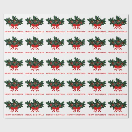 Red Green Holly Bow Elegant Holiday Kerstmis Cadeaupapier (Vlak)