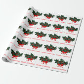 Red Green Holly Bow Elegant Holiday Kerstmis Cadeaupapier (Uitgerold)