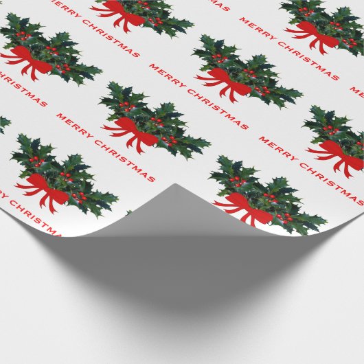 Red Green Holly Bow Elegant Holiday Kerstmis Cadeaupapier (Hoek)
