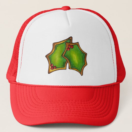 Red Green Holly Leaf Kerstmis Holiday Cookie Trucker Pet (Voorkant)