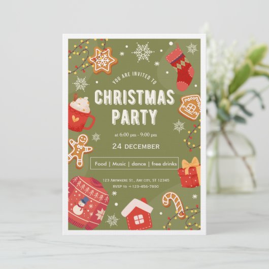 Red & Green Illustrative Christmas Party Invita Kaart (Staand voorkant)