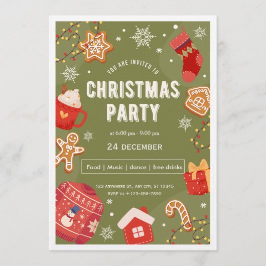 Red & Green Illustrative Christmas Party Invita Kaart (Voorkant)