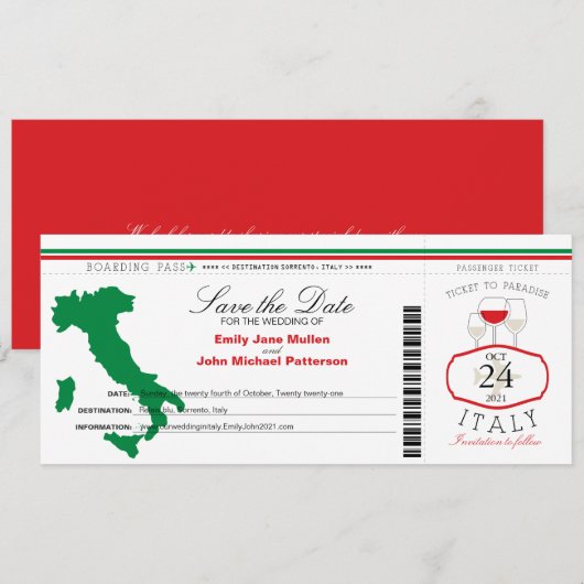 Red Green Italy Boarding Pass Wedding Invitation Save The Date (Voorkant / Achterkant)