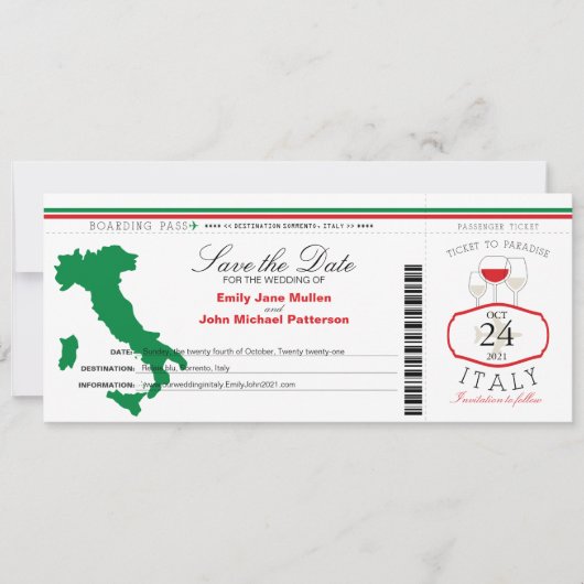 Red Green Italy Boarding Pass Wedding Invitation Save The Date (Voorkant)