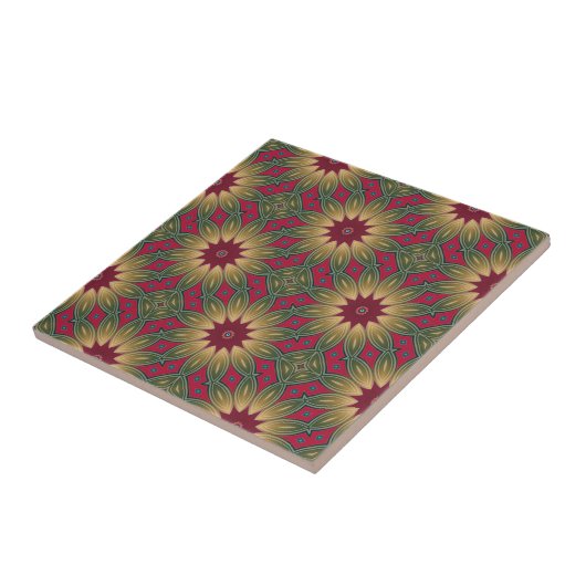 Red Green Kaleidoscope Geometric Floral Pattern Tegeltje (Zijkant)
