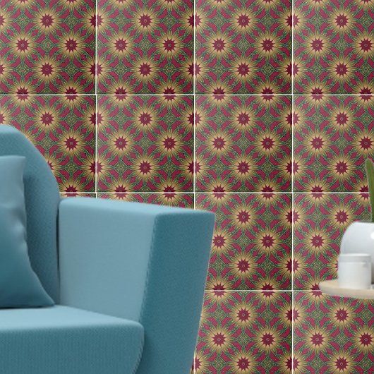 Red Green Kaleidoscope Geometric Floral Pattern Tegeltje