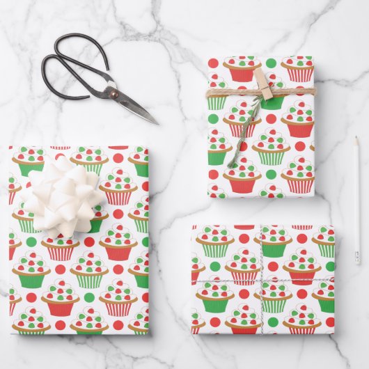 Red Green Kerstcupcakes Patroon Inpakpapier Vel (Voorkant)