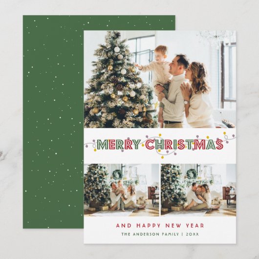 Red Green kerstlampje 3 Foto Collage Feestdagenkaart (Voorkant / Achterkant)