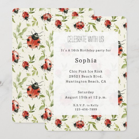 Red Green Leaves Ladybugs Birthday Kaart (Voorkant / Achterkant)