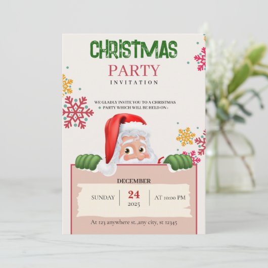 Red Green Minimalist Christmas Party Invitation  Kaart (Staand voorkant)