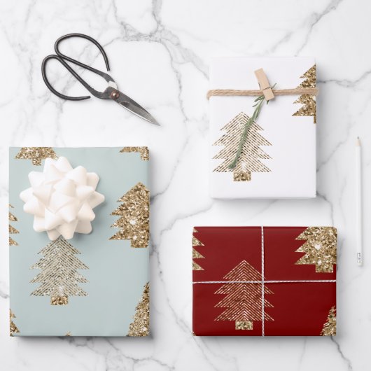 Red Green Mint Gold Glitter Glam Christmas Trees Inpakpapier Vel (Voorkant)