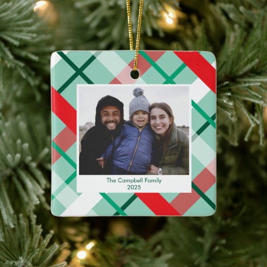 Red Green Mint Plaid Christmas Photo Ornament (Boom)