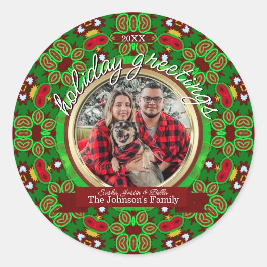 Red Green Natal Holiday Energy Custom Photo Ronde Sticker (Voorkant)