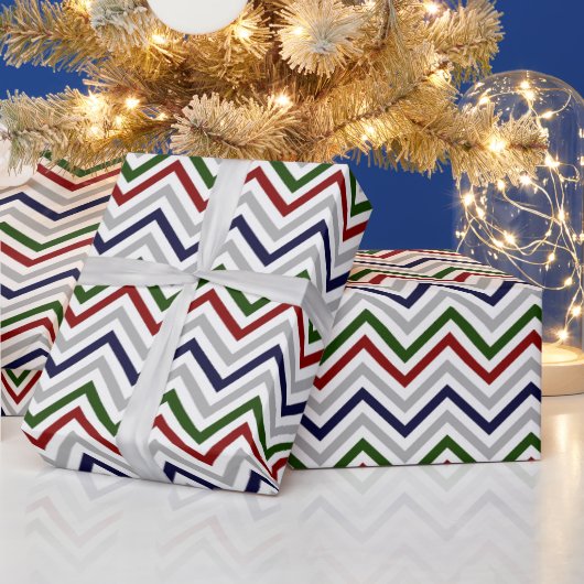 Red Green Navy Grey and White Zig Zag Cadeaupapier (Feestdagen)