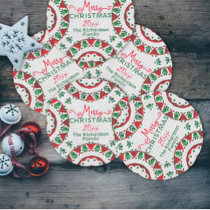 Red Green Nordic Folk Motifs op Linen Kerstmis Ronde Sticker