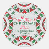 Red Green Nordic Folk Motifs op Linen Kerstmis Ronde Sticker (Voorkant)