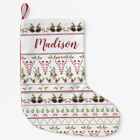 Red Green Nordic Pinecone Pattern Kleine Kerstsok (Voorkant)
