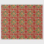 Red Green Oranje Yellow Azulejos Floral Pattern Cadeaupapier (Vlak)