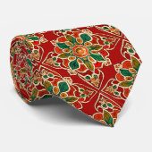 Red Green Oranje Yellow Azulejos Floral Pattern Stropdas (Opgerold)