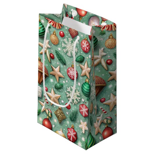 RED & GREEN ORNAMENTS & GOLD HOLIDAY STARS KLEIN CADEAUZAKJE (Voorkant Gekanteld)