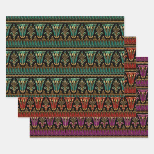 Red, Green, Paars en Gold Art Deco Inpakpapier Vel (Set)