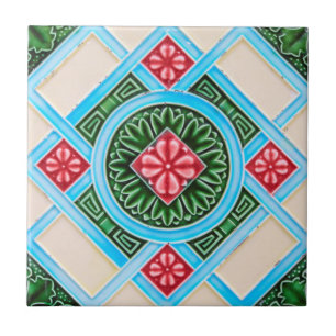 Red Green Peranakan Floral Geometric Ornamental Tegeltje