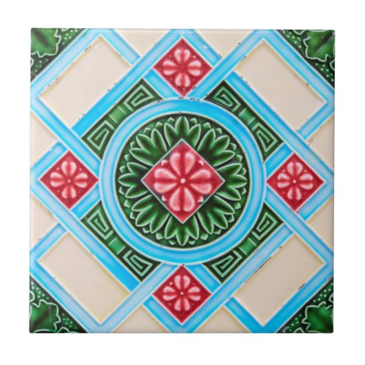 Red Green Peranakan Floral Geometric Ornamental Tegeltje (Voorkant)