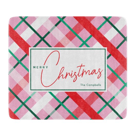 Red Green Pink Christmas Plaid Cutting Board Snijplank (Voorkant)
