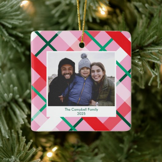 Red Green Pink Plaid Christmas Photo Ornament (Boom)
