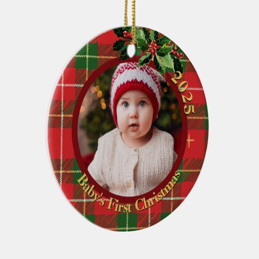 Red Green Plaid | Baby's First Christmas Photo Keramisch Ornament (Rechts)