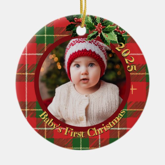 Red Green Plaid | Baby's First Christmas Photo Keramisch Ornament (Voorkant)