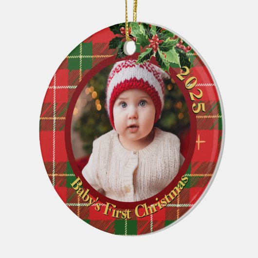 Red Green Plaid | Baby's First Christmas Photo Keramisch Ornament (Links)