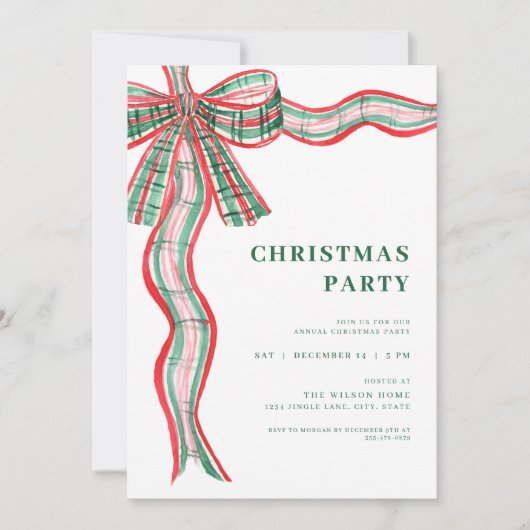 Red Green Plaid Bow kerstfeest uitnodiging (Voorkant)