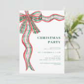 Red Green Plaid Bow kerstfeest uitnodiging (Staand voorkant)