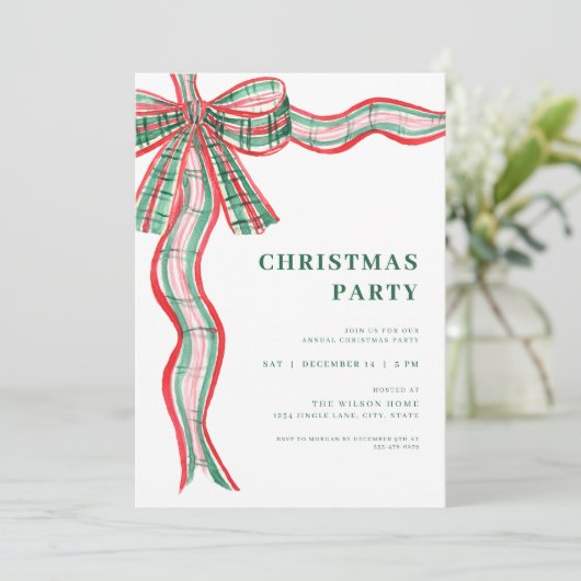 Red Green Plaid Bow kerstfeest uitnodiging (Staand voorkant)