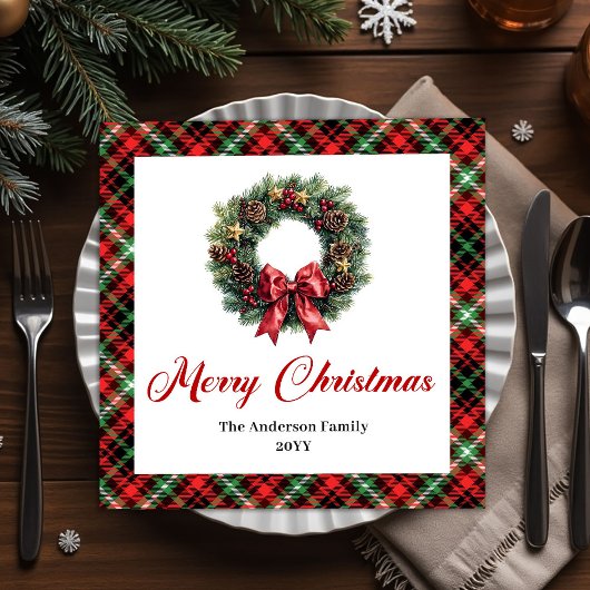 Red Green Plaid Christmas Wreath Napkins Custom Servet