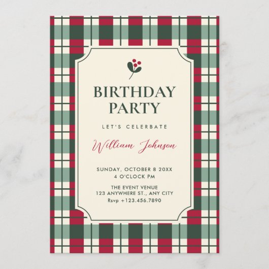 Red green plaid tartan pattern birthday kaart (Voorkant)