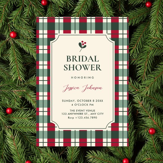 Red green plaid tartan pattern bridal shower kaart