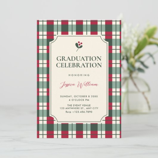 Red green plaid tartan pattern graduation kaart (Staand voorkant)