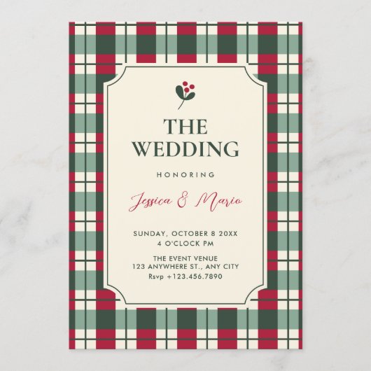 Red green plaid tartan pattern wedding kaart (Voorkant)
