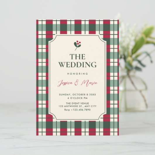 Red green plaid tartan pattern wedding kaart (Staand voorkant)